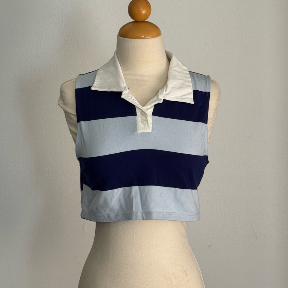 Forever 21 Striped Polo Crop Top - Light Blue, Navy & White